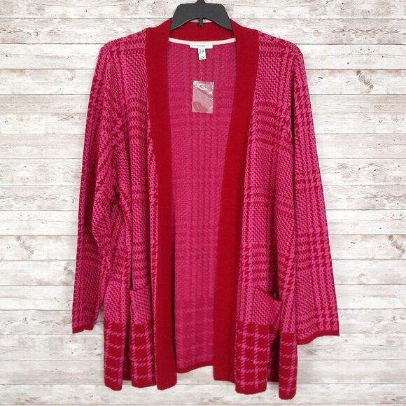 Isaac Mizrahi Sweaters - Isaac Mizrahi Live Womens Sweater Cardigan 2X Plaid Jacquard Red Pink NWOT 735A